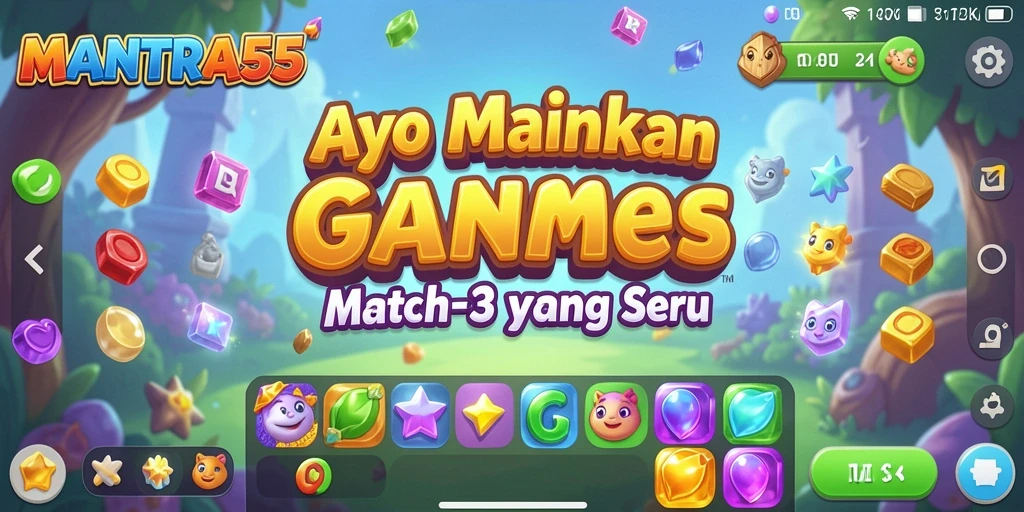 Layar permainan MANTRA55 dengan gameplay Match-3 yang menarik.